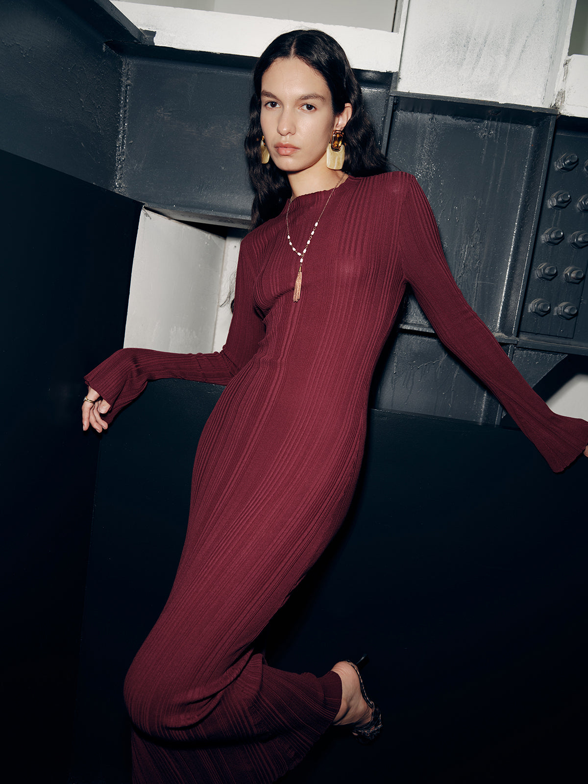 Slim Fit Uzun Kollu Maxi Triko Elbise