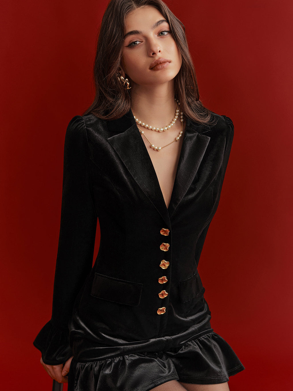 Metal Düğmeli Fırfır Etek Uçlu Kadife Blazer Elbise