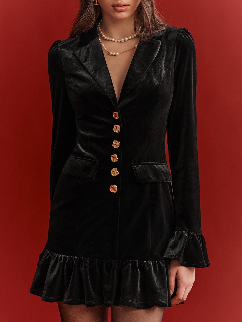 Metal Düğmeli Fırfır Etek Uçlu Kadife Blazer Elbise