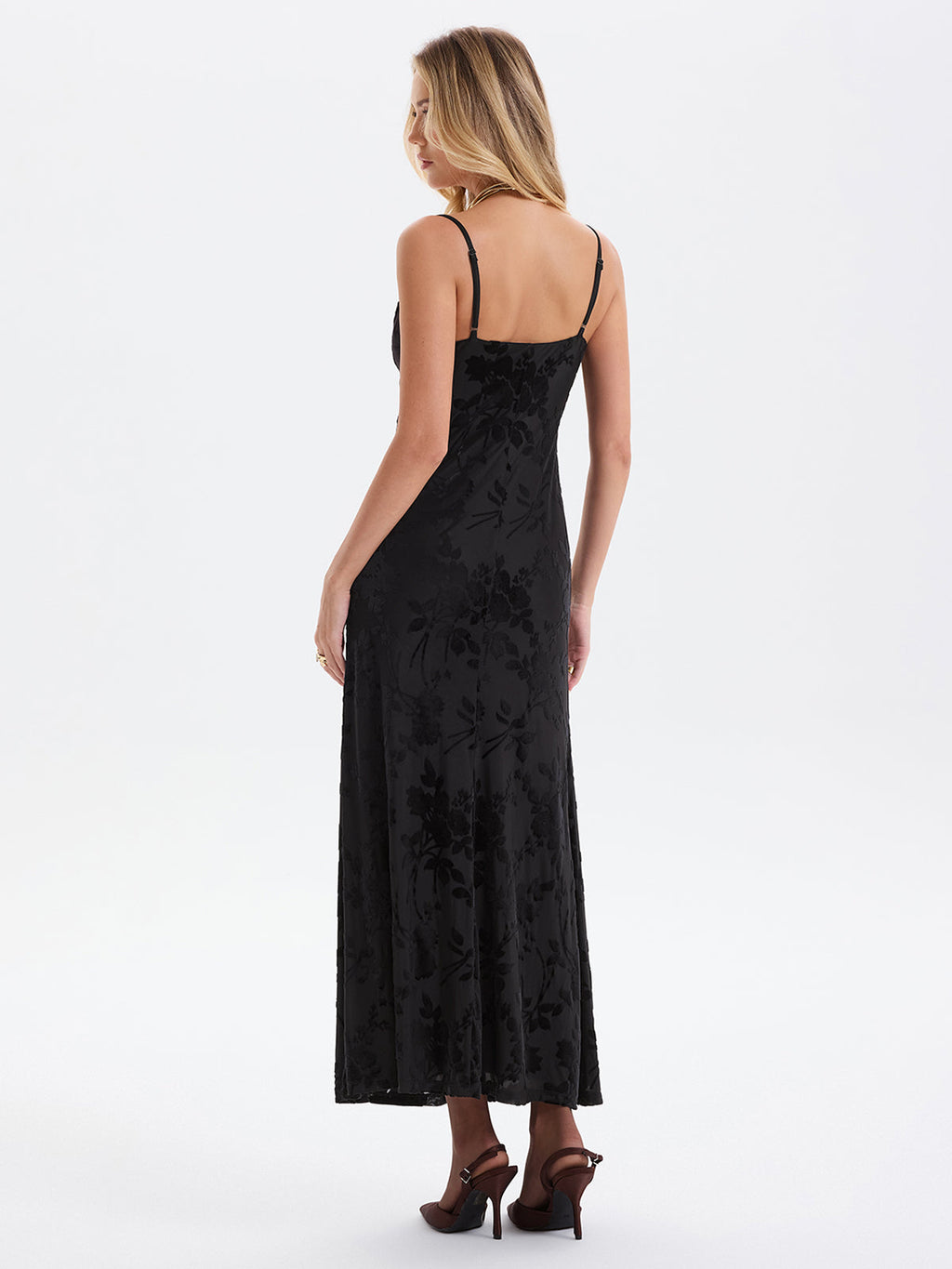 Cami Flocked Çiçek Desenli File Maxi Elbise