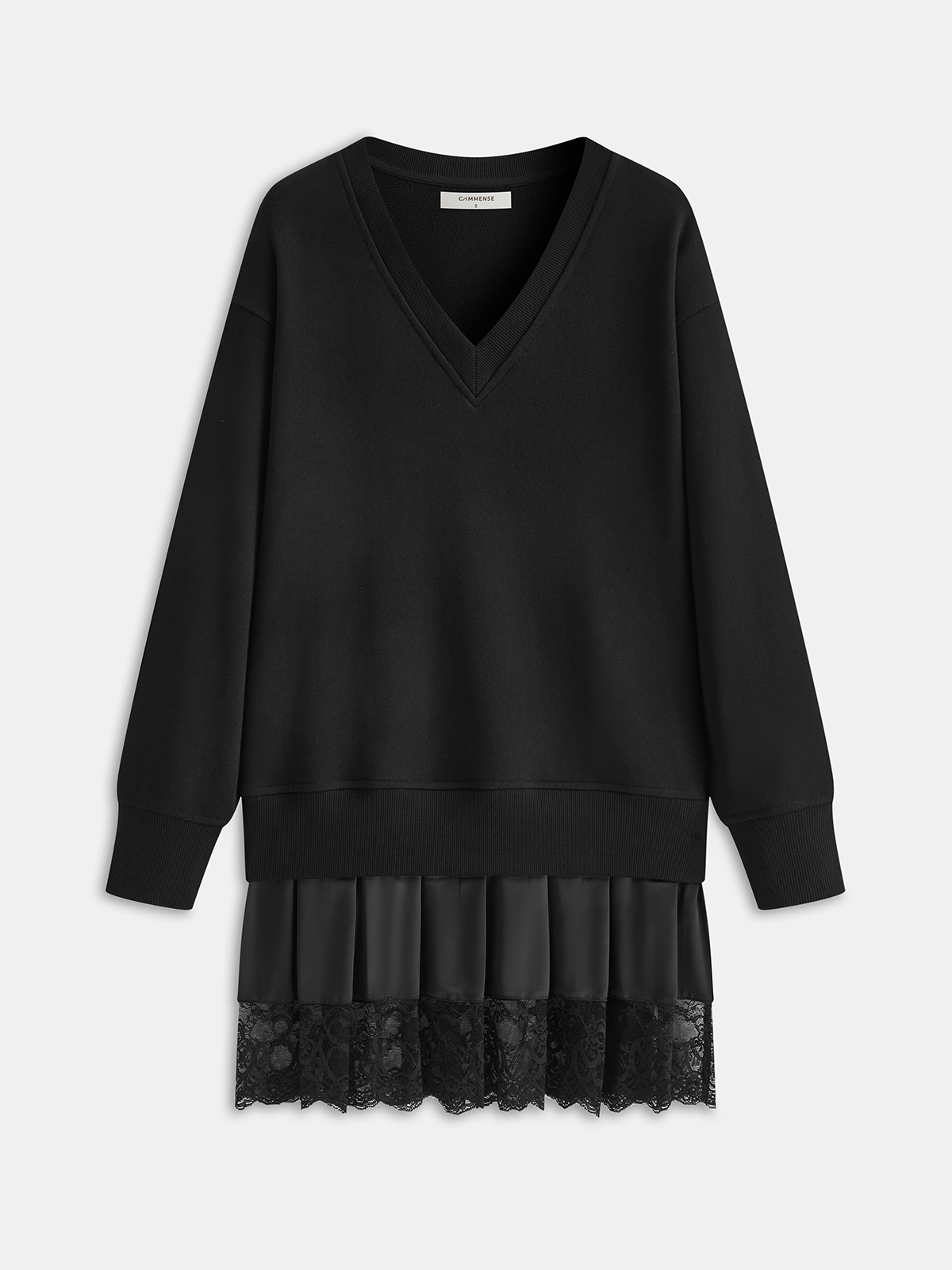 Pileli Etek Uçlu Dantel Biyeli Sweatshirt Elbise