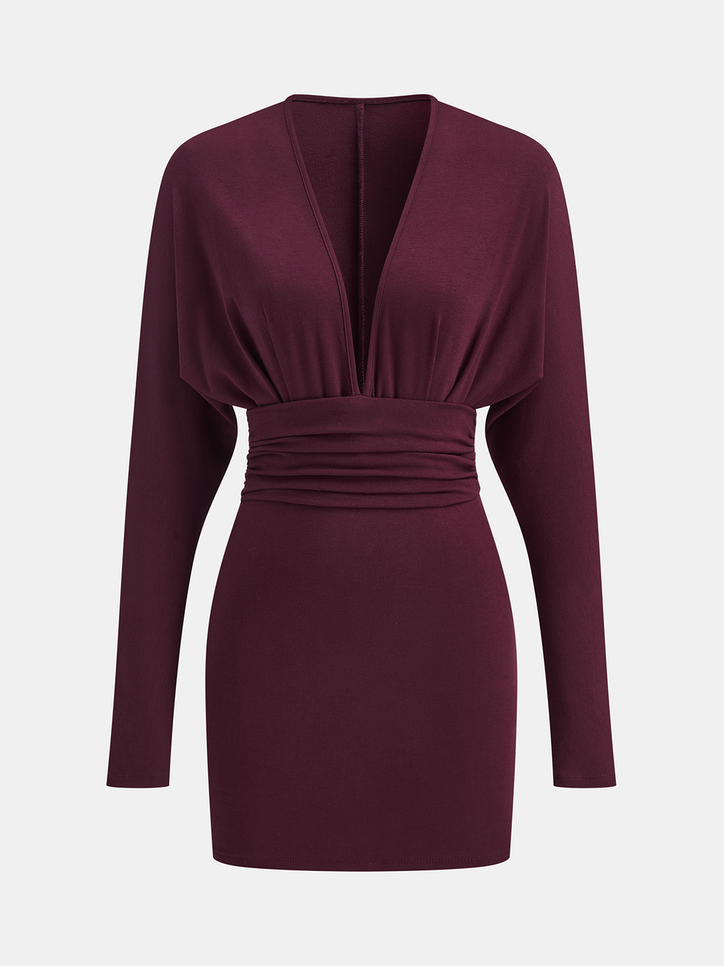 Derin V Yaka Büzgülü Uzun Kollu Mini Elbise