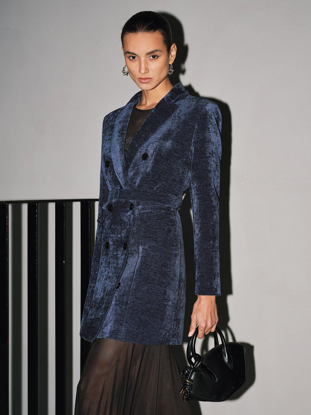 Kadife Kruvaze Kemerli Blazer Elbise