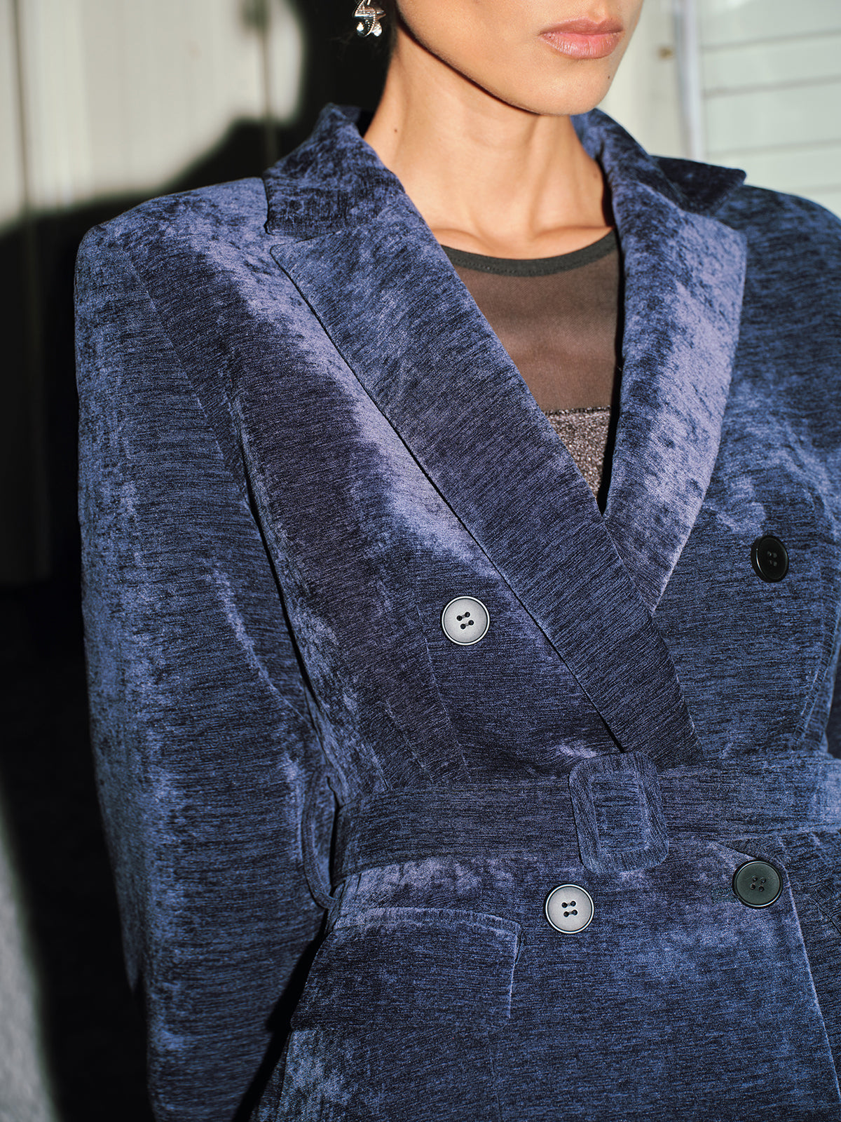Kadife Kruvaze Kemerli Blazer Elbise