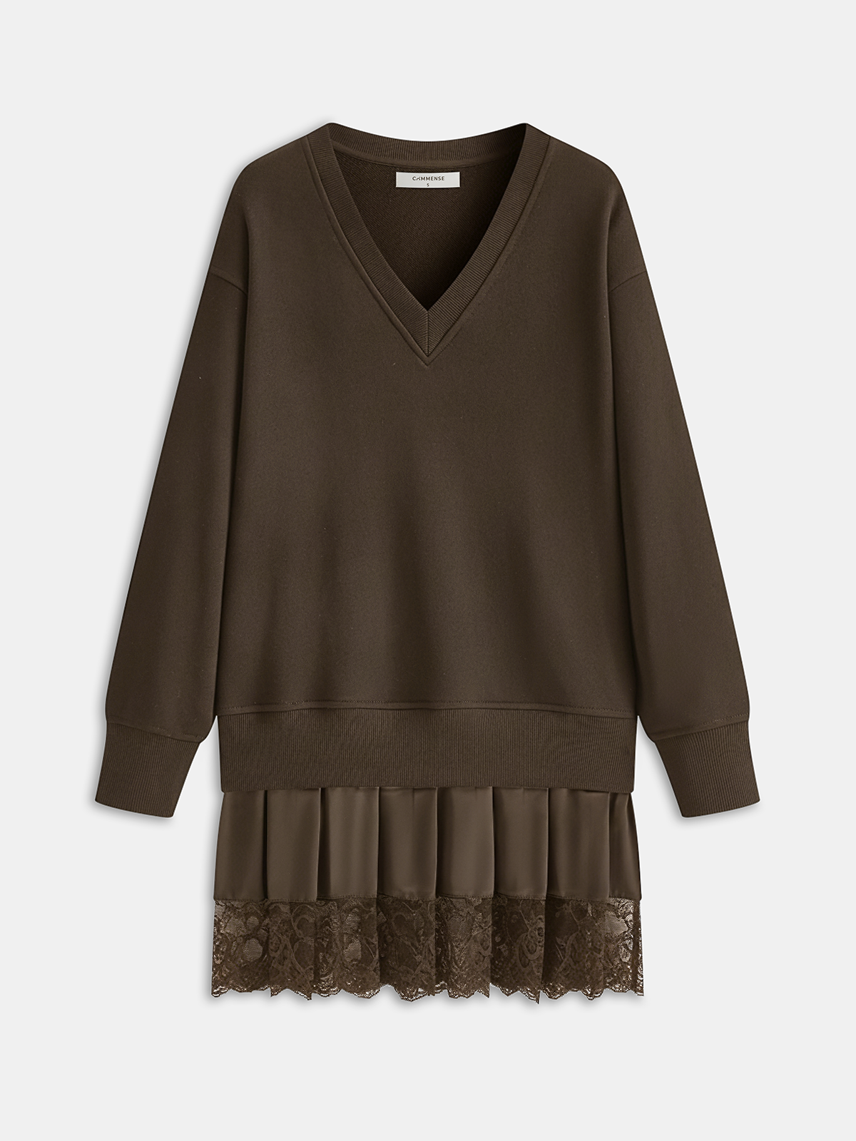 Pileli Etek Uçlu Dantel Biyeli Sweatshirt Elbise