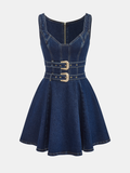 Denim Çift Tokalı Mini Elbise