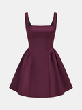 Kare Yaka Saten Kloş Mini Elbise