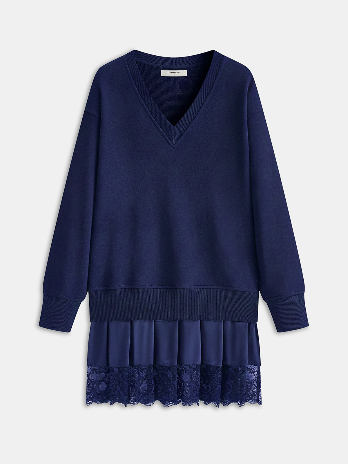 Pileli Etek Uçlu Dantel Biyeli Sweatshirt Elbise