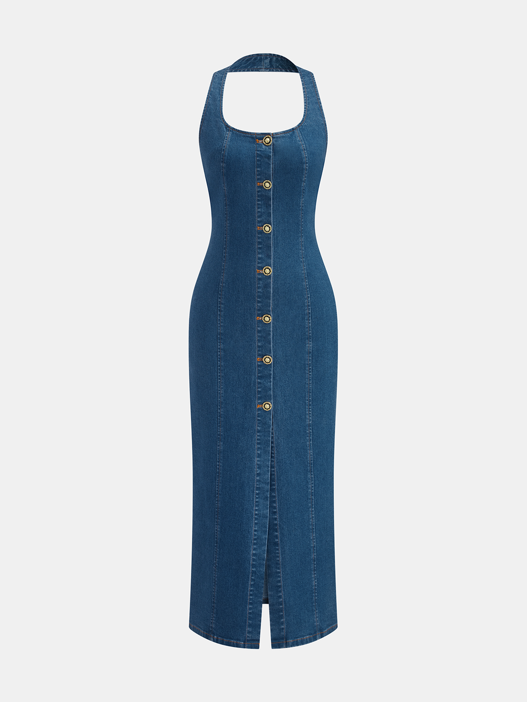 Denim Halter Yaka Önden Düğmeli Maxi Elbise