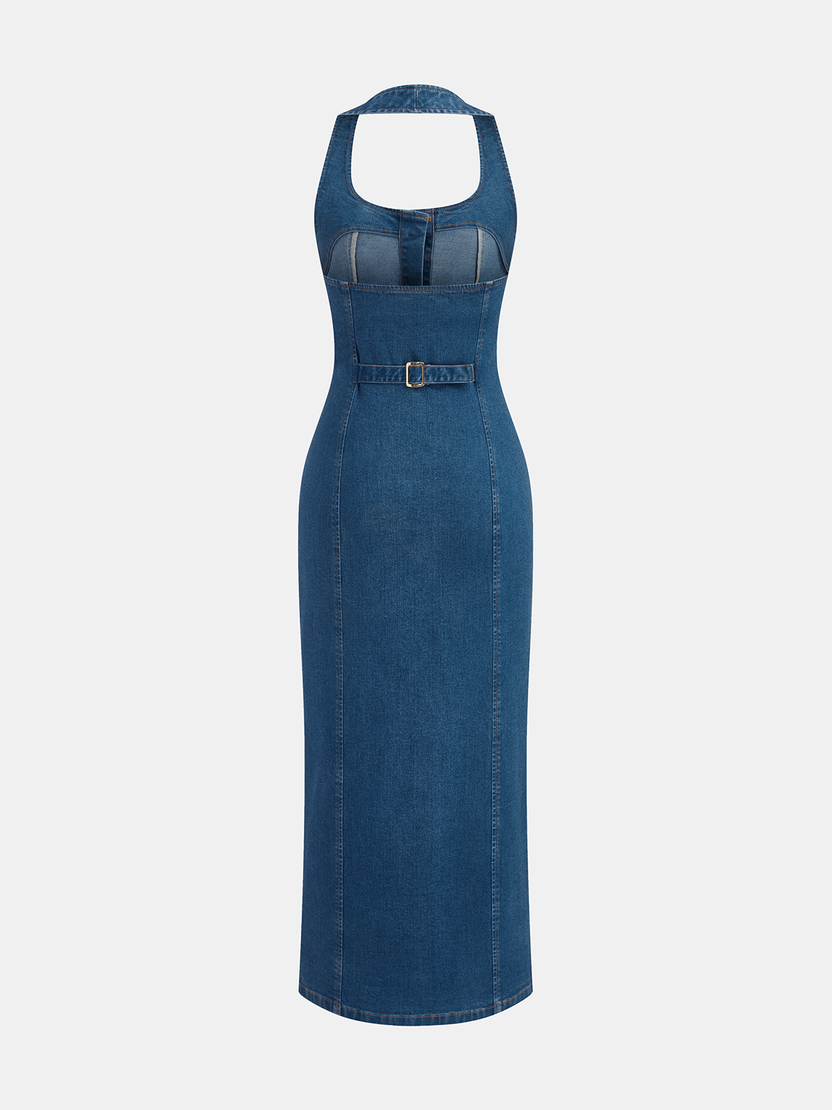 Denim Halter Yaka Önden Düğmeli Maxi Elbise