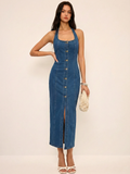 Denim Halter Yaka Önden Düğmeli Maxi Elbise