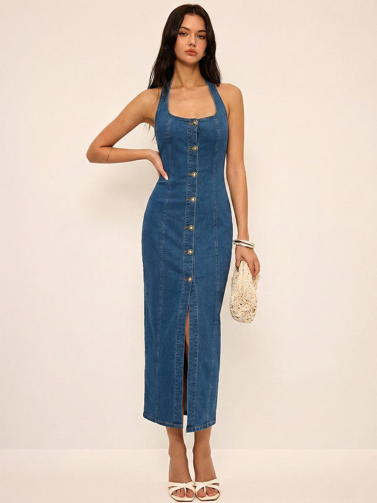 Denim Halter Yaka Önden Düğmeli Maxi Elbise