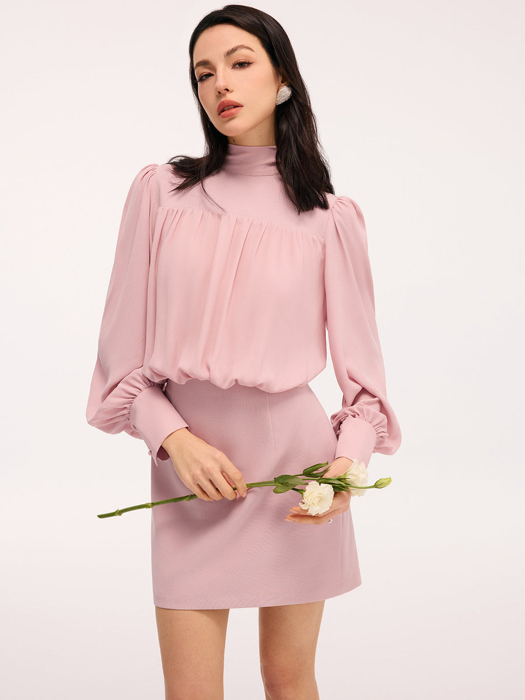 Sırt Fiyonk Detaylı Puff Kollu Blouson Elbise