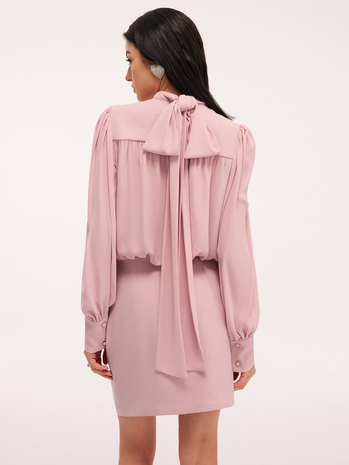Sırt Fiyonk Detaylı Puff Kollu Blouson Elbise
