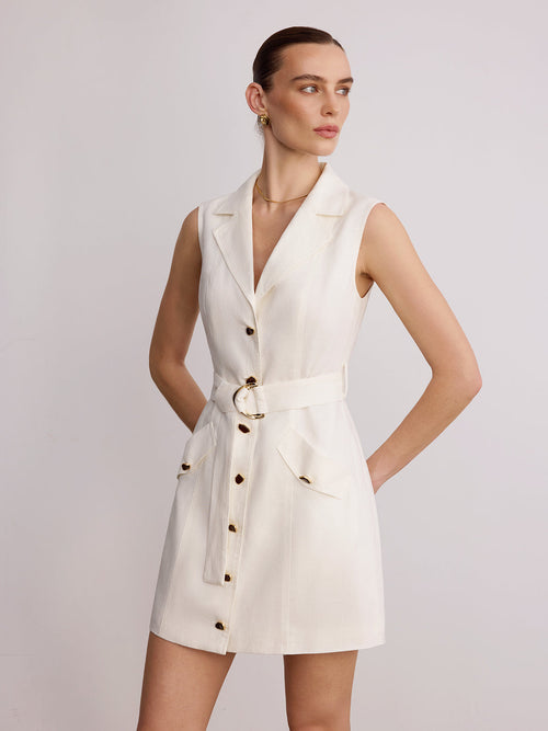 Blazer Yaka Kolsuz Kemerli Keten Mini Elbise