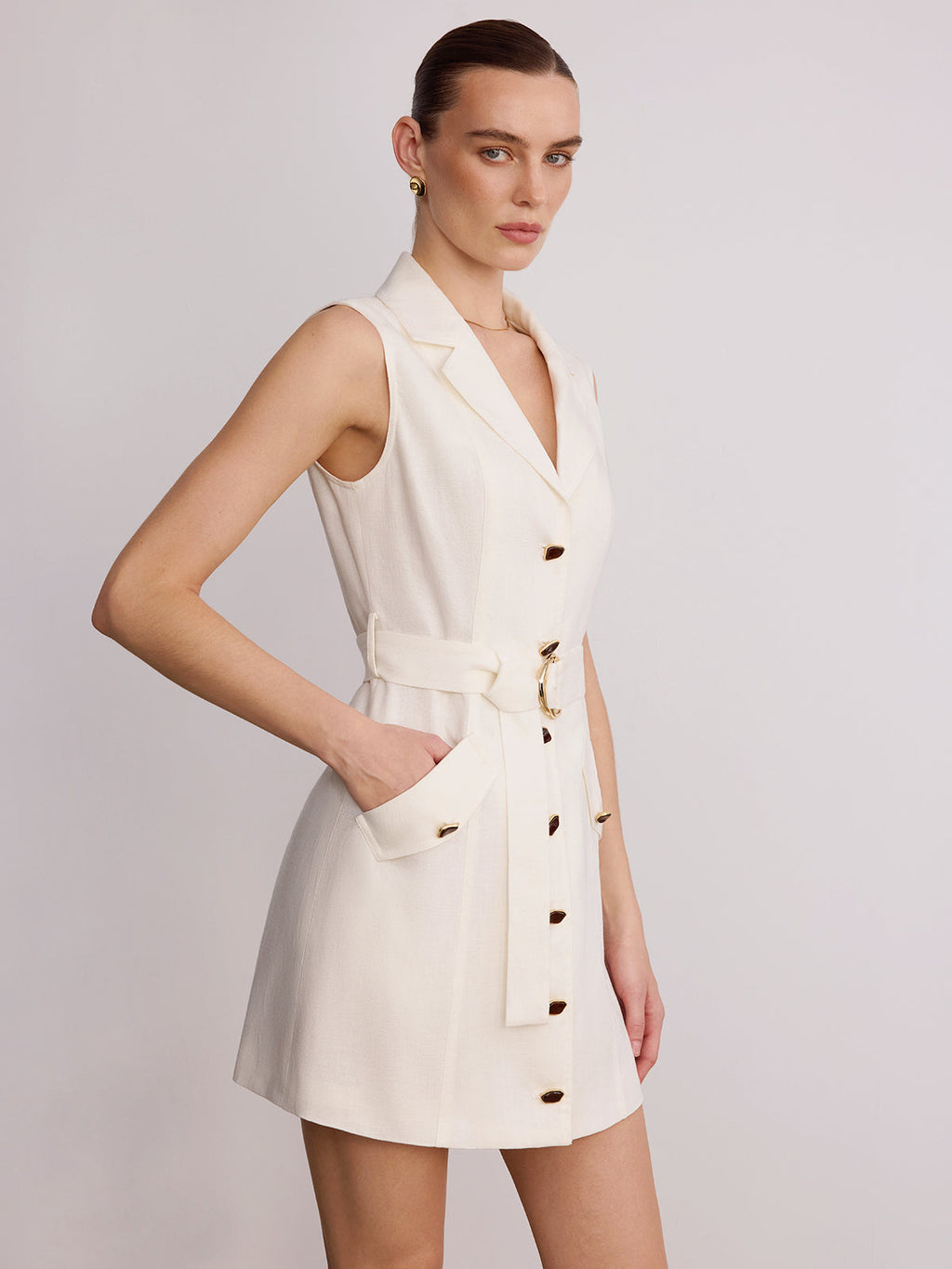 Blazer Yaka Kolsuz Kemerli Keten Mini Elbise
