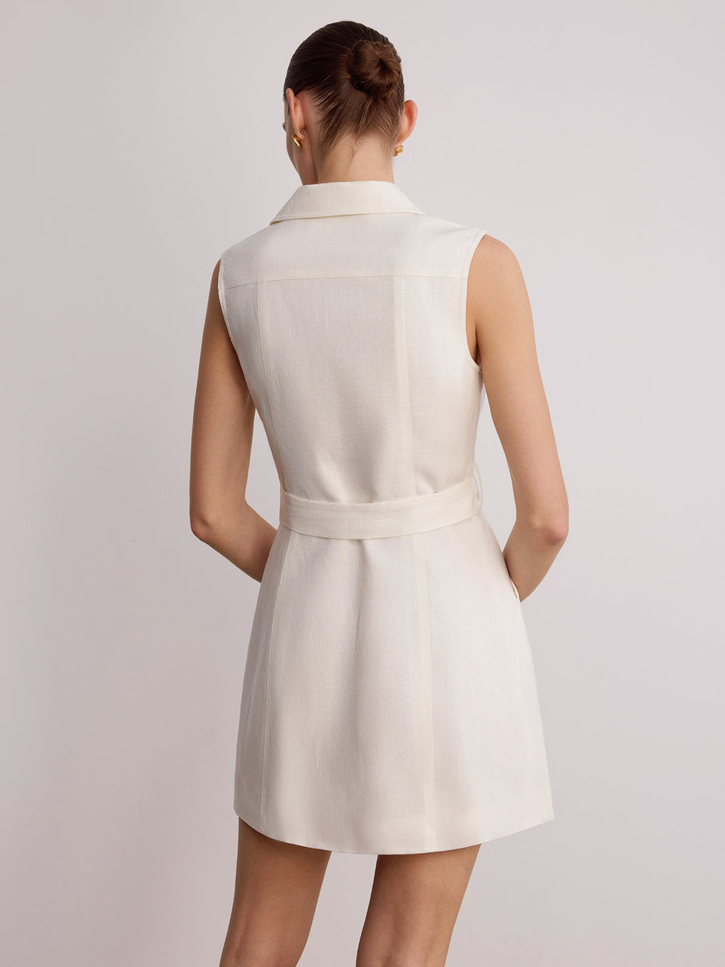 Blazer Yaka Kolsuz Kemerli Keten Mini Elbise