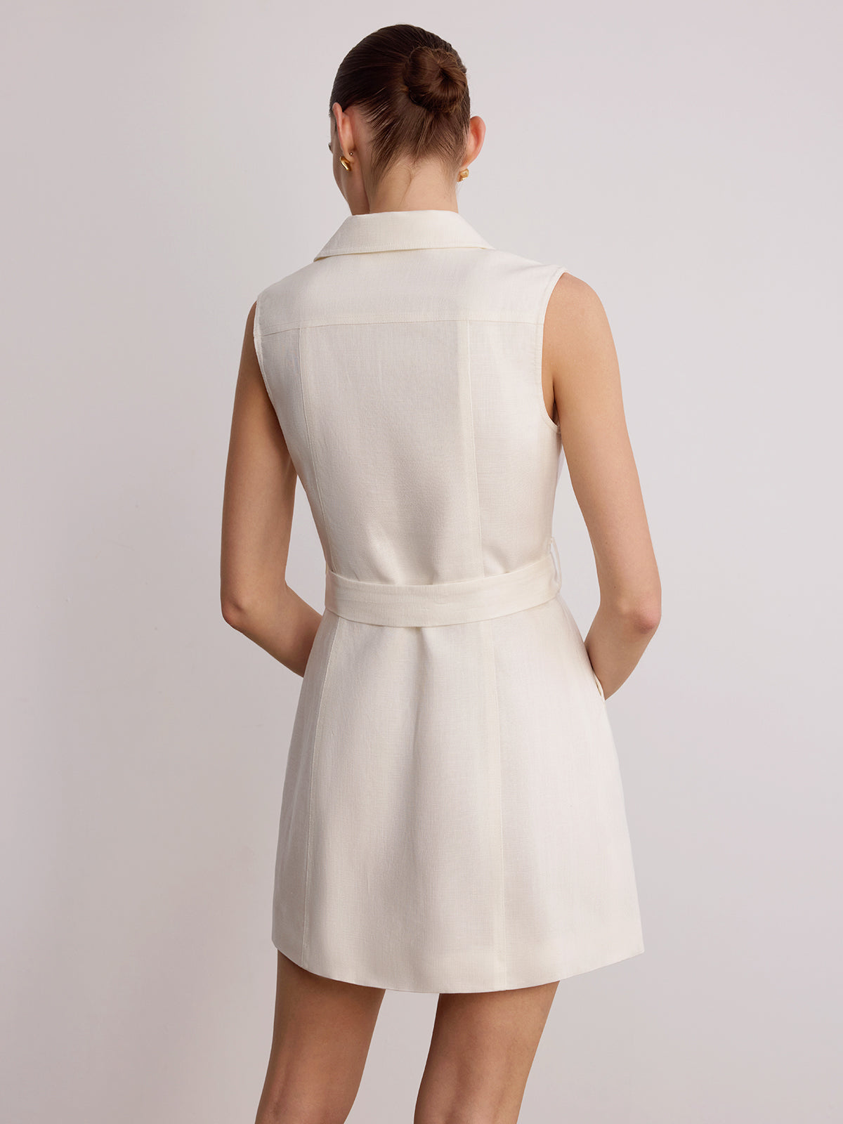 Blazer Yaka Kolsuz Kemerli Keten Mini Elbise