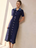 Denim Yaka Fitilli Midi Triko Elbise