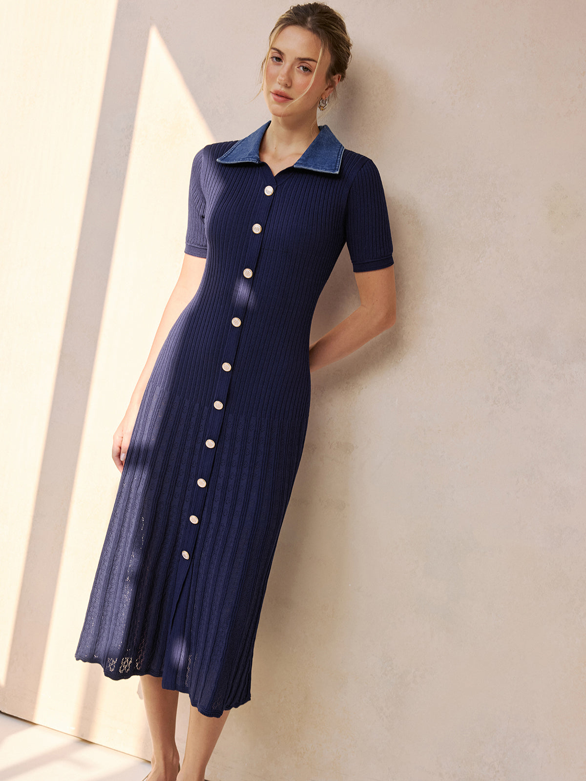 Denim Yaka Fitilli Midi Triko Elbise