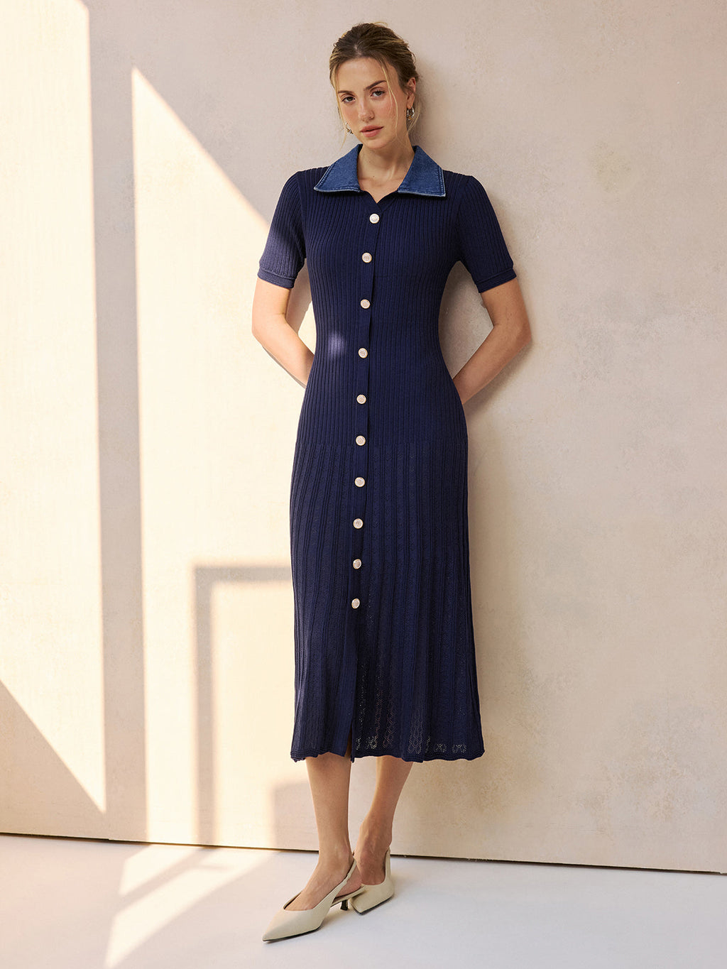 Denim Yaka Fitilli Midi Triko Elbise