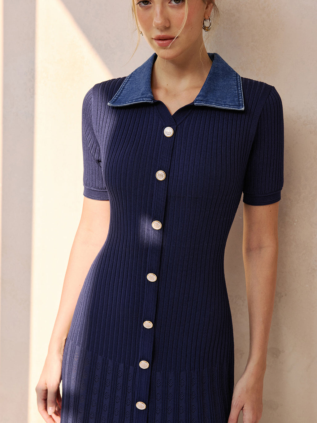Denim Yaka Fitilli Midi Triko Elbise