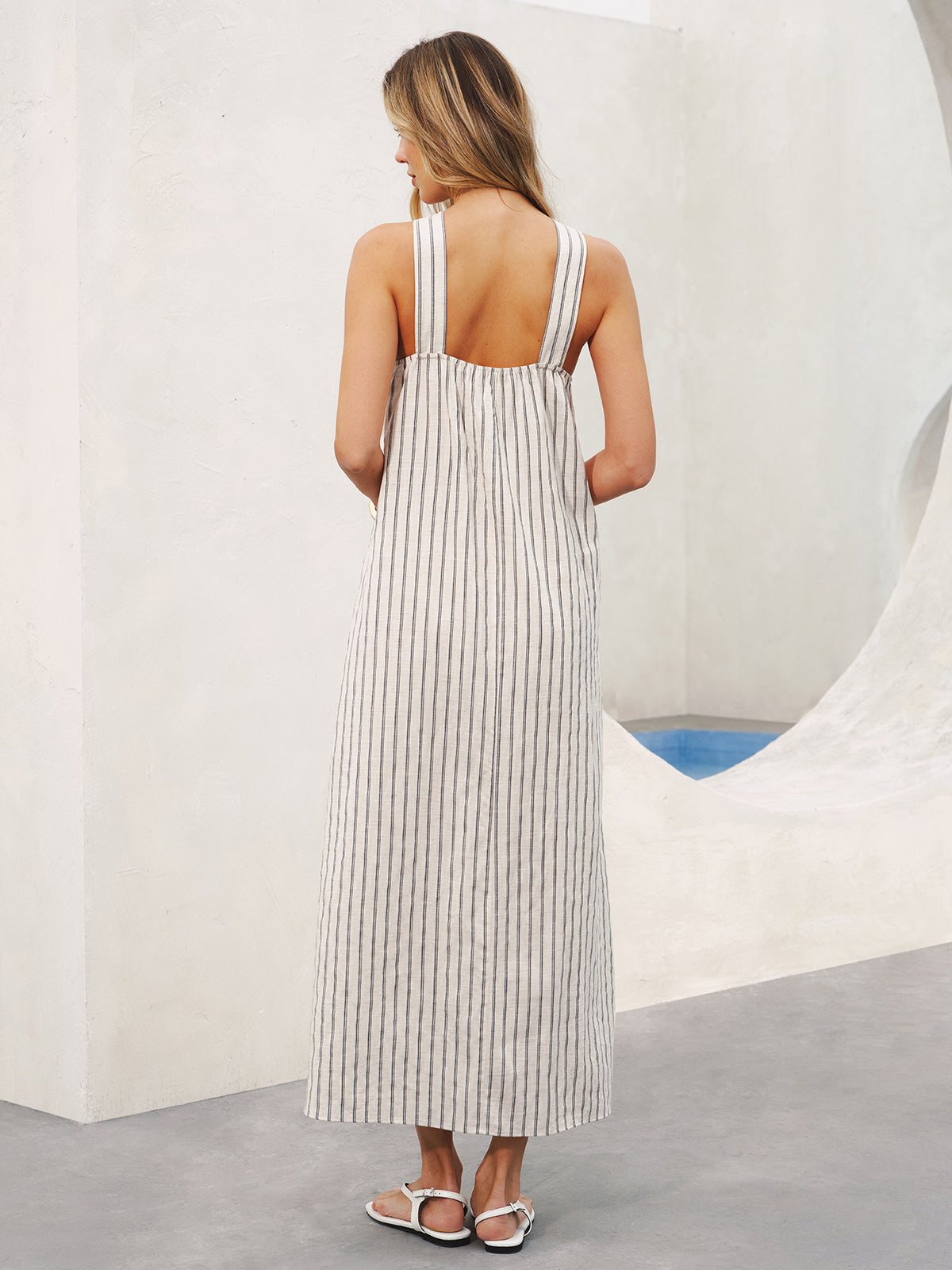 Halter Yaka Çizgili Pamuk Keten Maxi Elbise