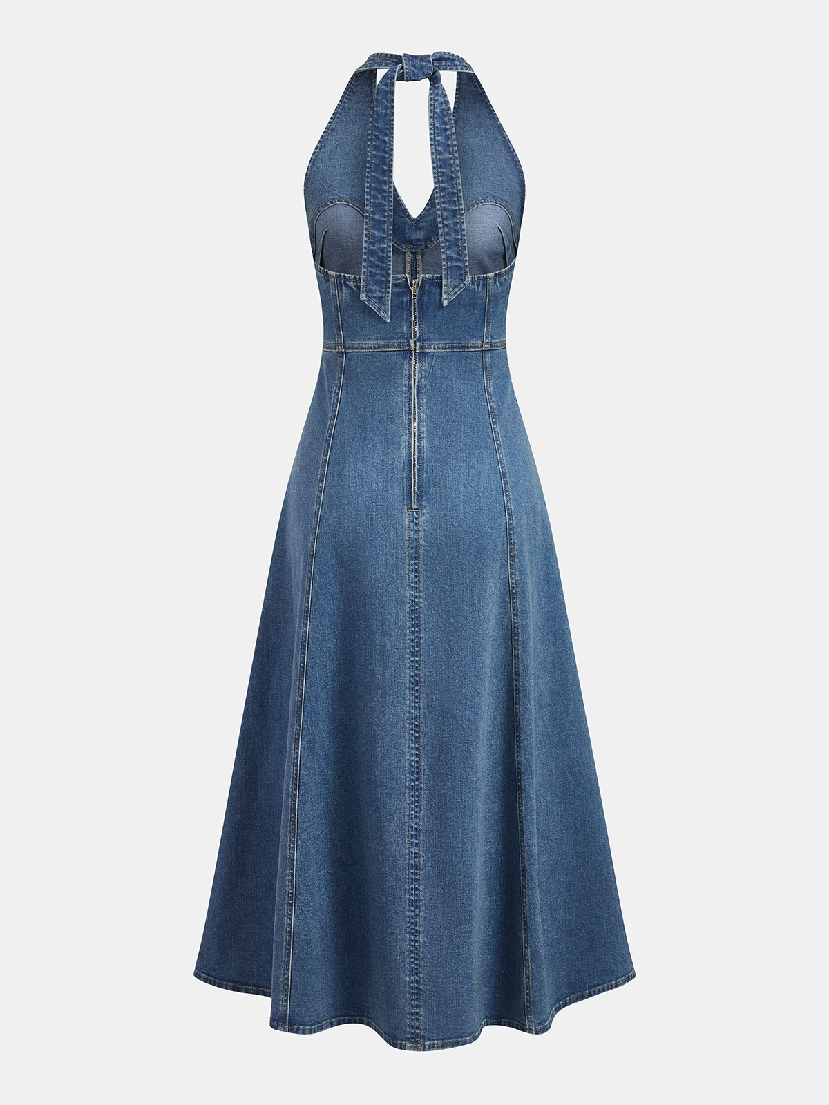 Halter Yaka Sırt Dekolteli Denim Midi Elbise
