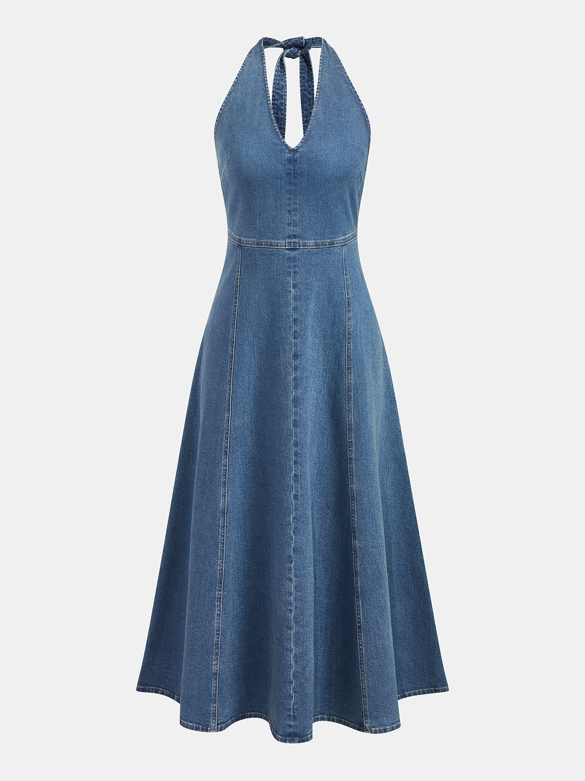 Halter Yaka Sırt Dekolteli Denim Midi Elbise