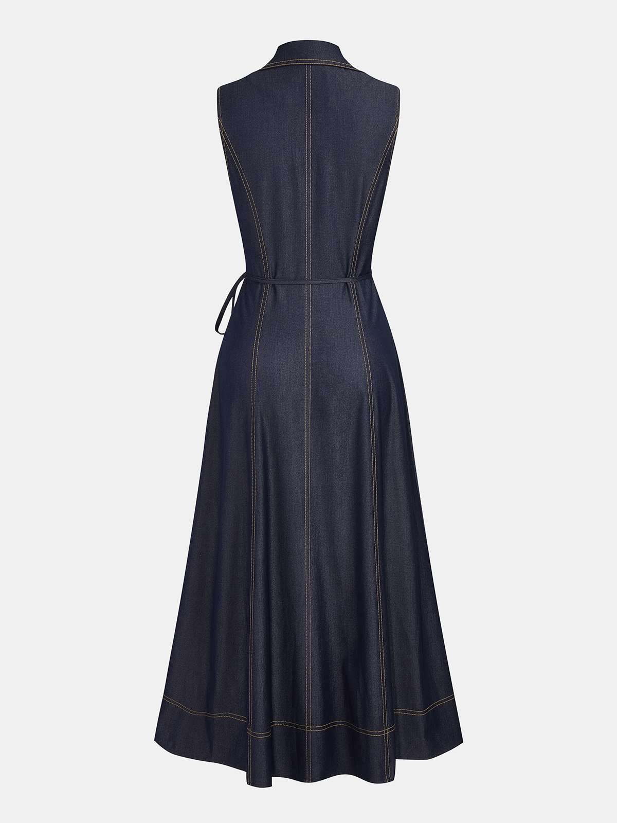 Kolsuz Önden Düğmeli Kemerli Denim Maxi Elbise