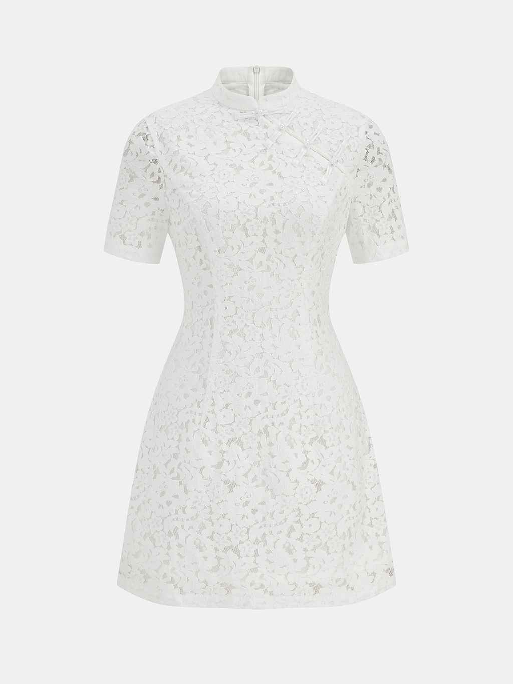Cheongsam Stili Dantelli Kısa Kollu Elbise