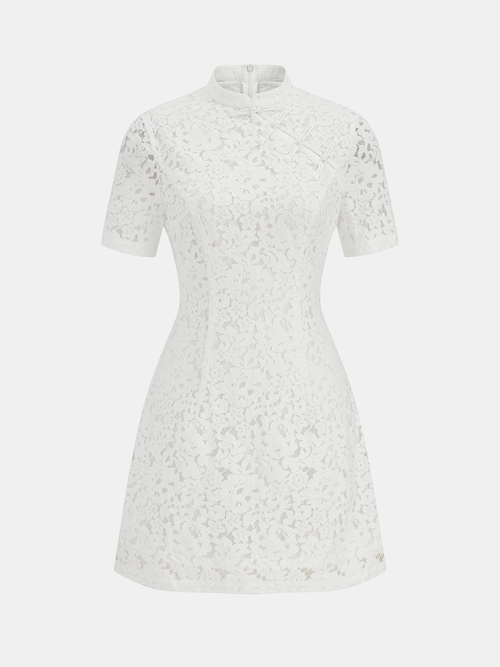 Cheongsam Stili Dantelli Kısa Kollu Elbise