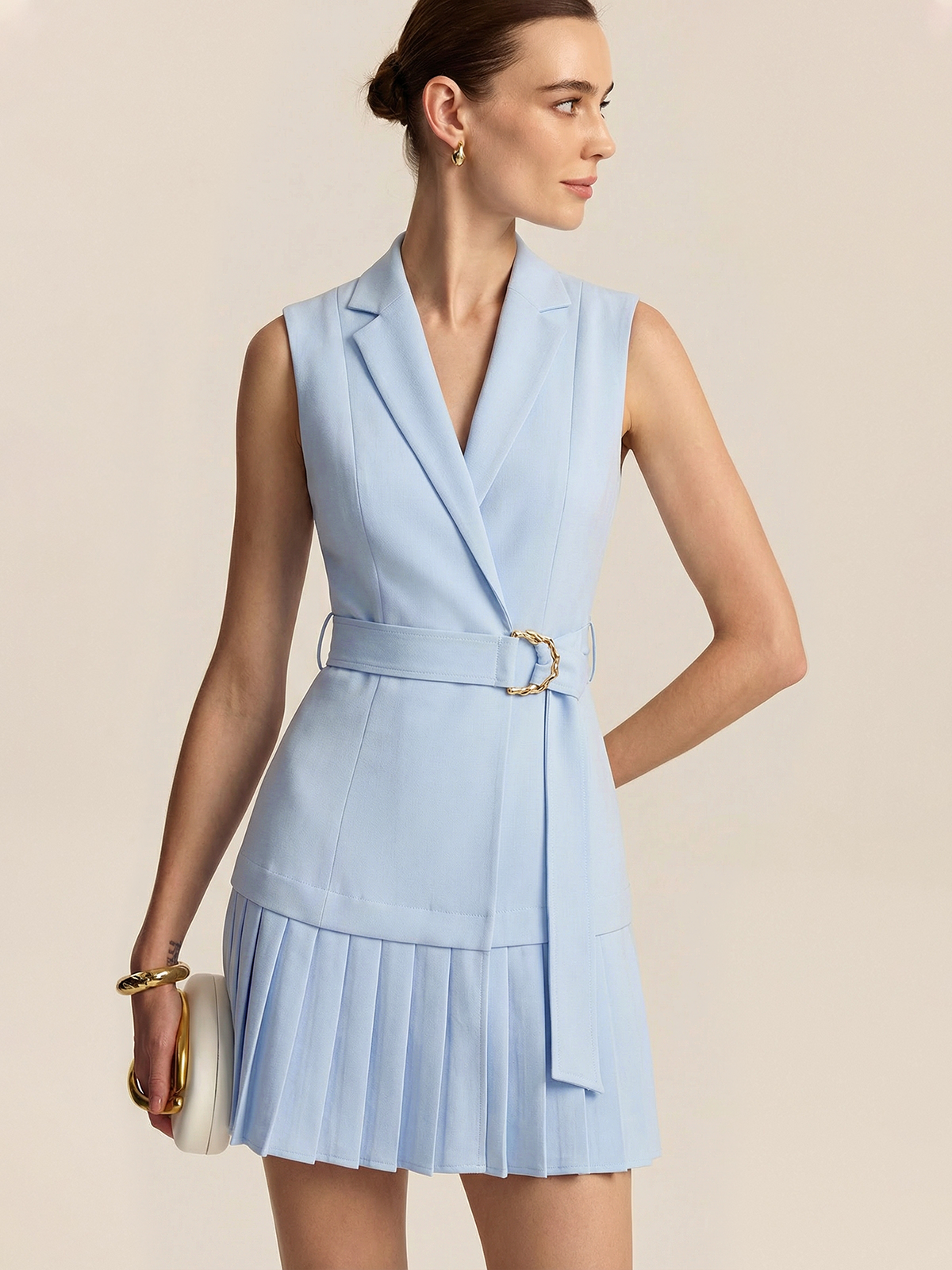 Kemerli Pileli Kolsuz Blazer Mini Elbise