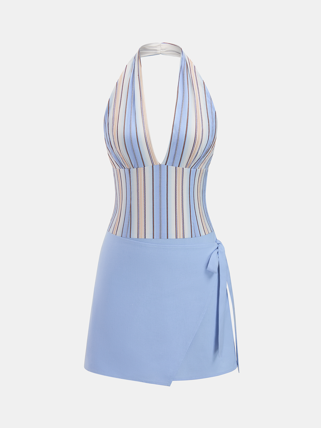 Çizgili Halter Yaka Pamuk Karışımlı Mini Elbise