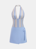 Çizgili Halter Yaka Pamuk Karışımlı Mini Elbise