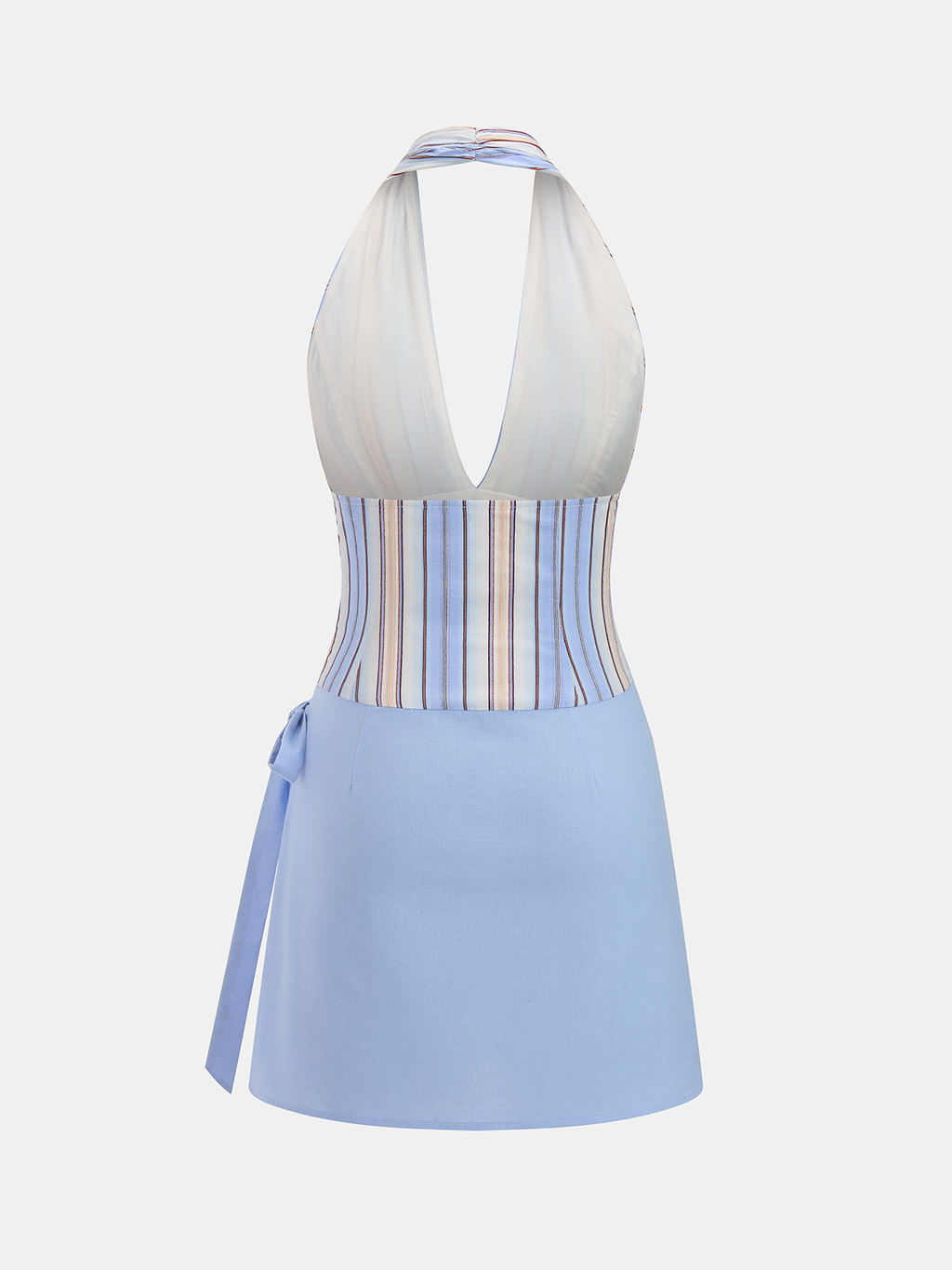 Çizgili Halter Yaka Pamuk Karışımlı Mini Elbise