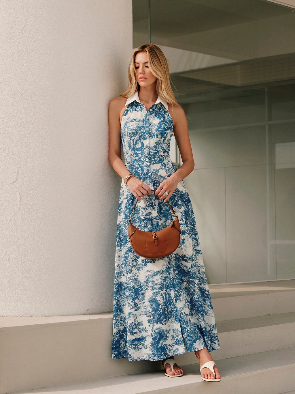 Toile Desenli Düğmeli Yakalı Maxi Elbise
