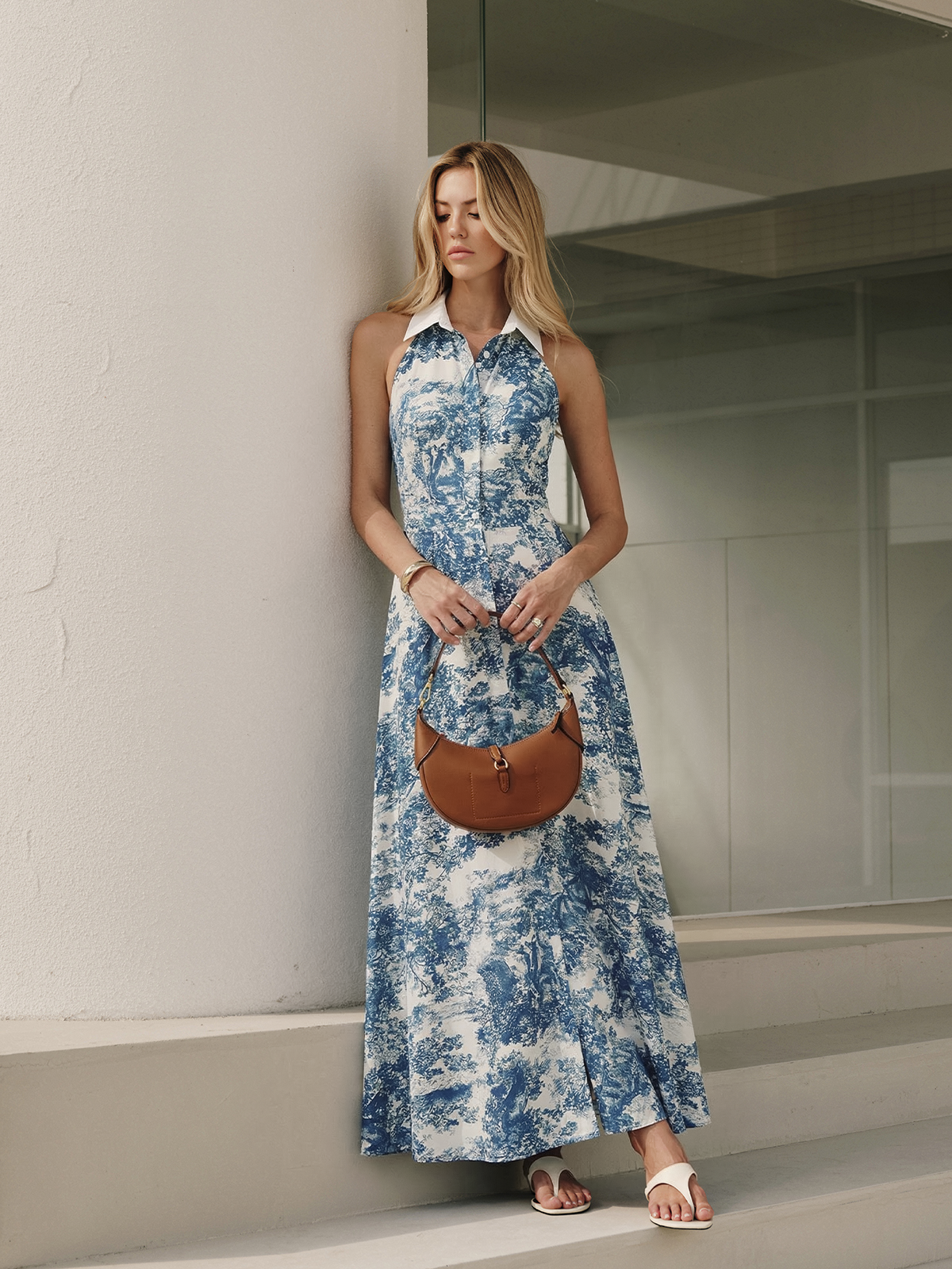 Toile Desenli Düğmeli Yakalı Maxi Elbise