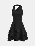 Halter Yaka Asimetrik Fırfırlı Mini Elbise