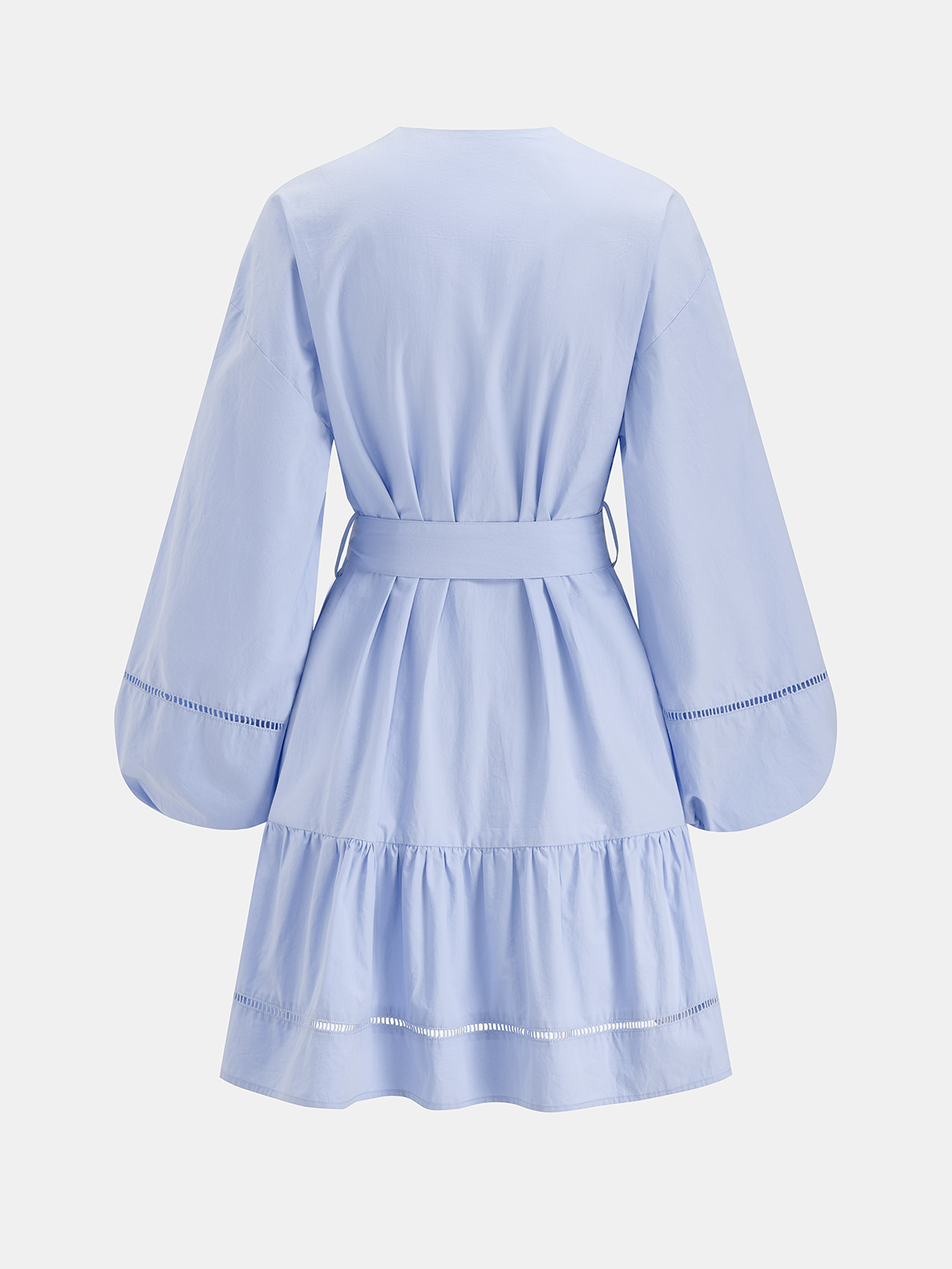Pamuklu V Yaka Fener Kollu Kemerli Mini Elbise