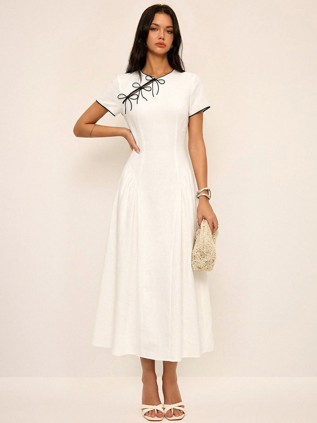 Fiyonk Detaylı Pamuklu Cheongsam Midi Elbise