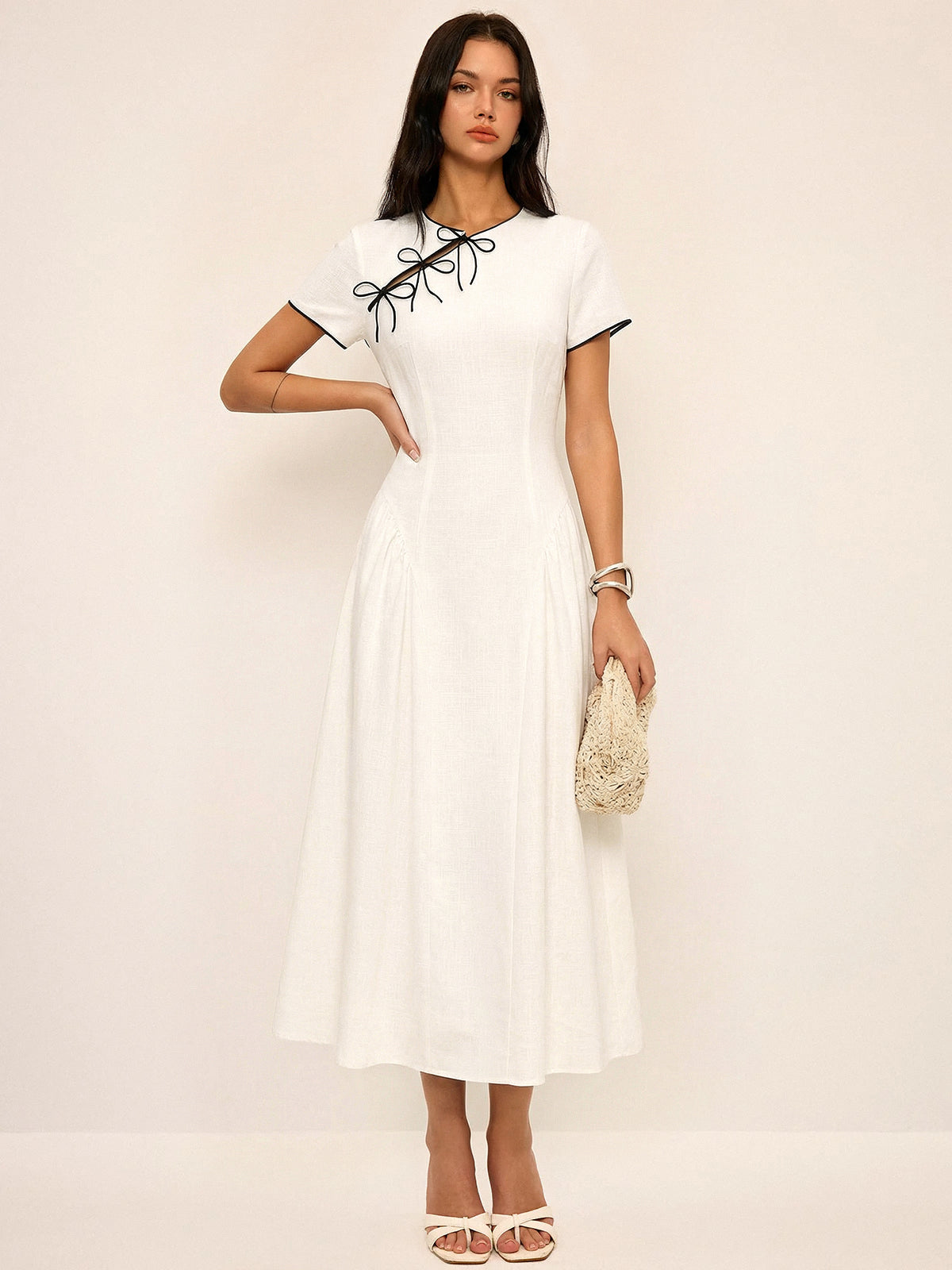 Fiyonk Detaylı Pamuklu Cheongsam Midi Elbise