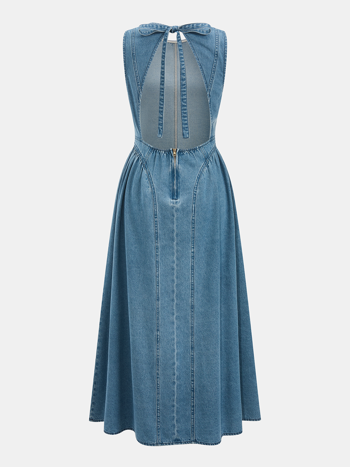 Denim Kolsuz Sırt Dekolteli Maxi Elbise