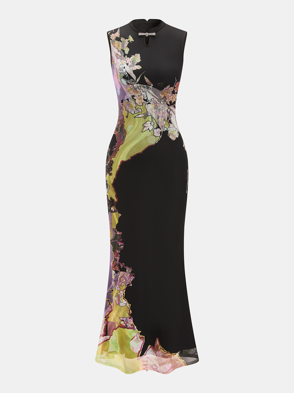 Kolsuz Çiçek Desenli Cheongsam Maxi Elbise