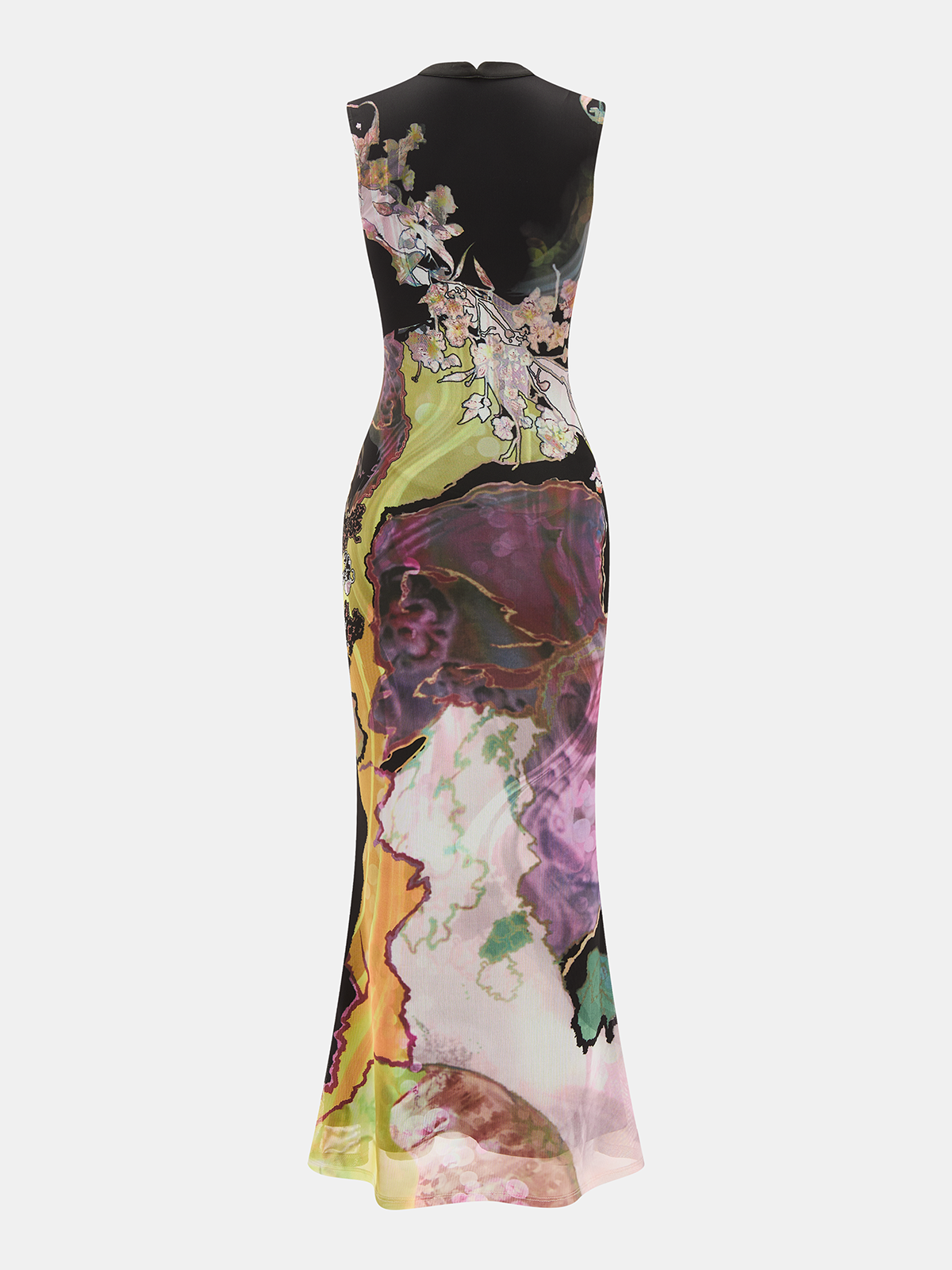 Kolsuz Çiçek Desenli Cheongsam Maxi Elbise