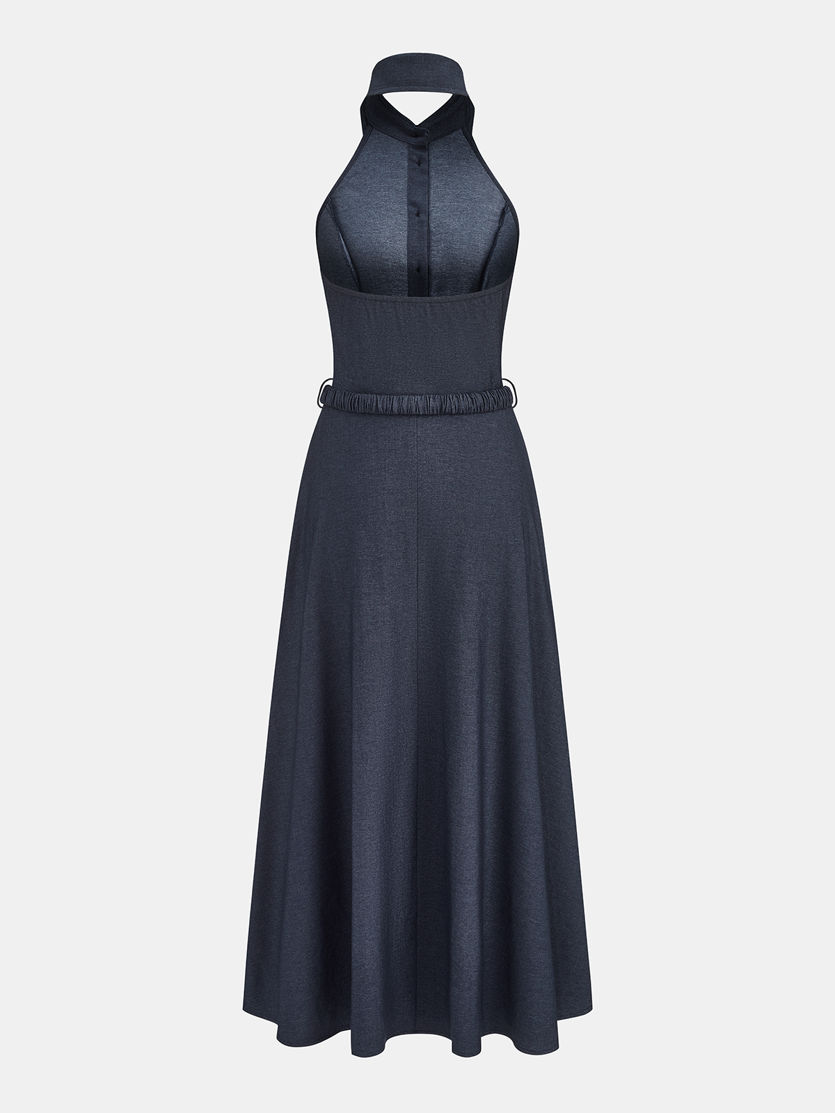 Halter Yaka Kemerli Yakalı Denim Maxi Elbise