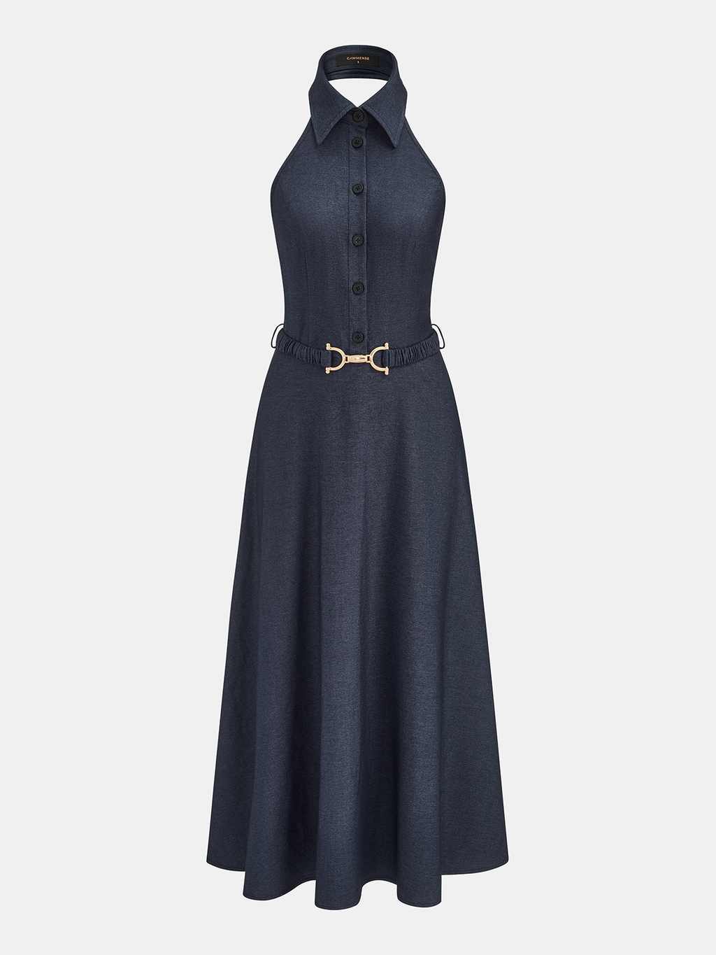 Halter Yaka Kemerli Yakalı Denim Maxi Elbise