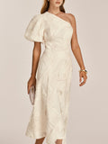 Tek Omuzlu Dokulu Fırfırlı File Midi Elbise