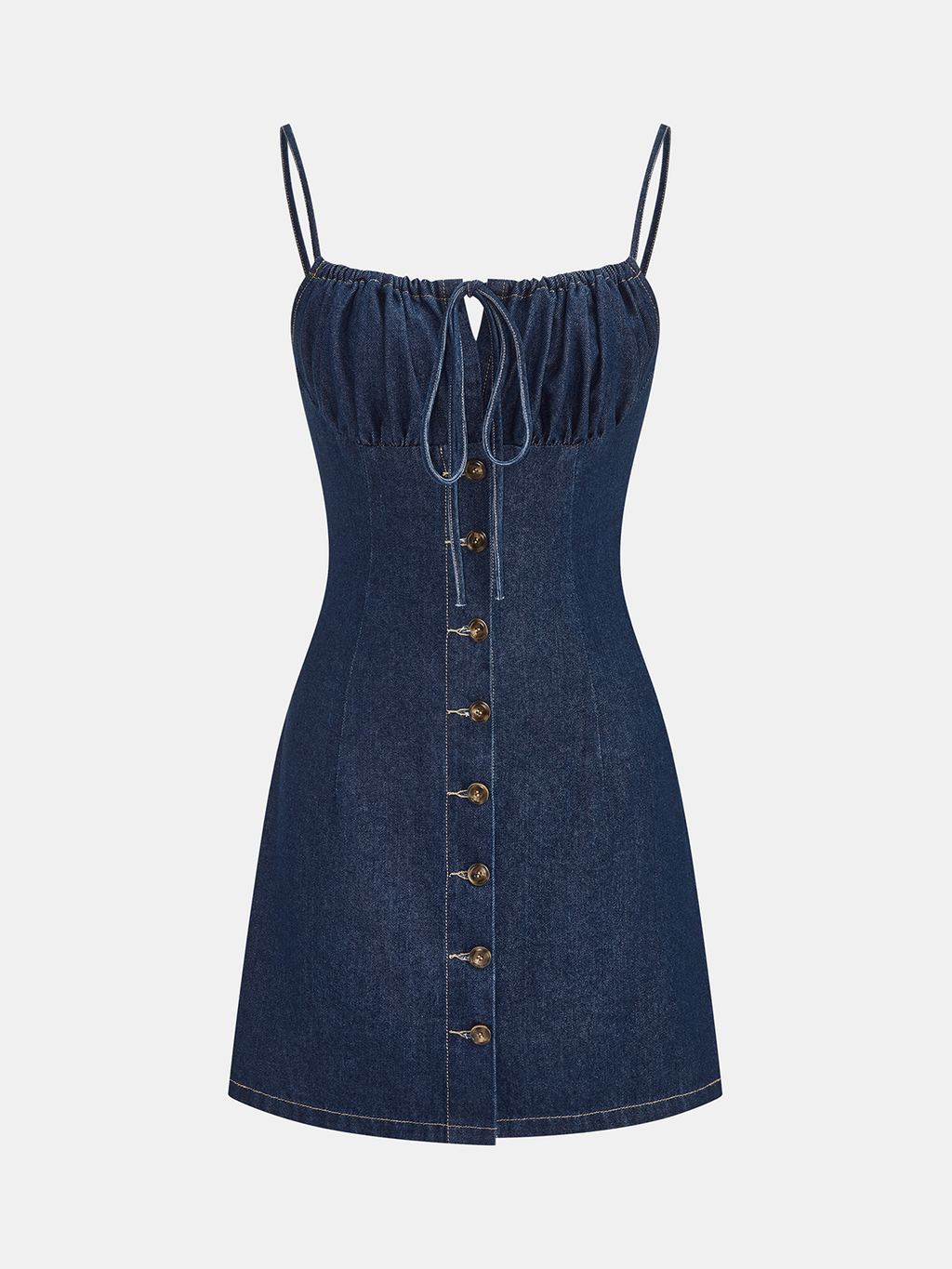Büzgü Bağcıklı Düğmeli Denim İnce Askılı Mini Elbise