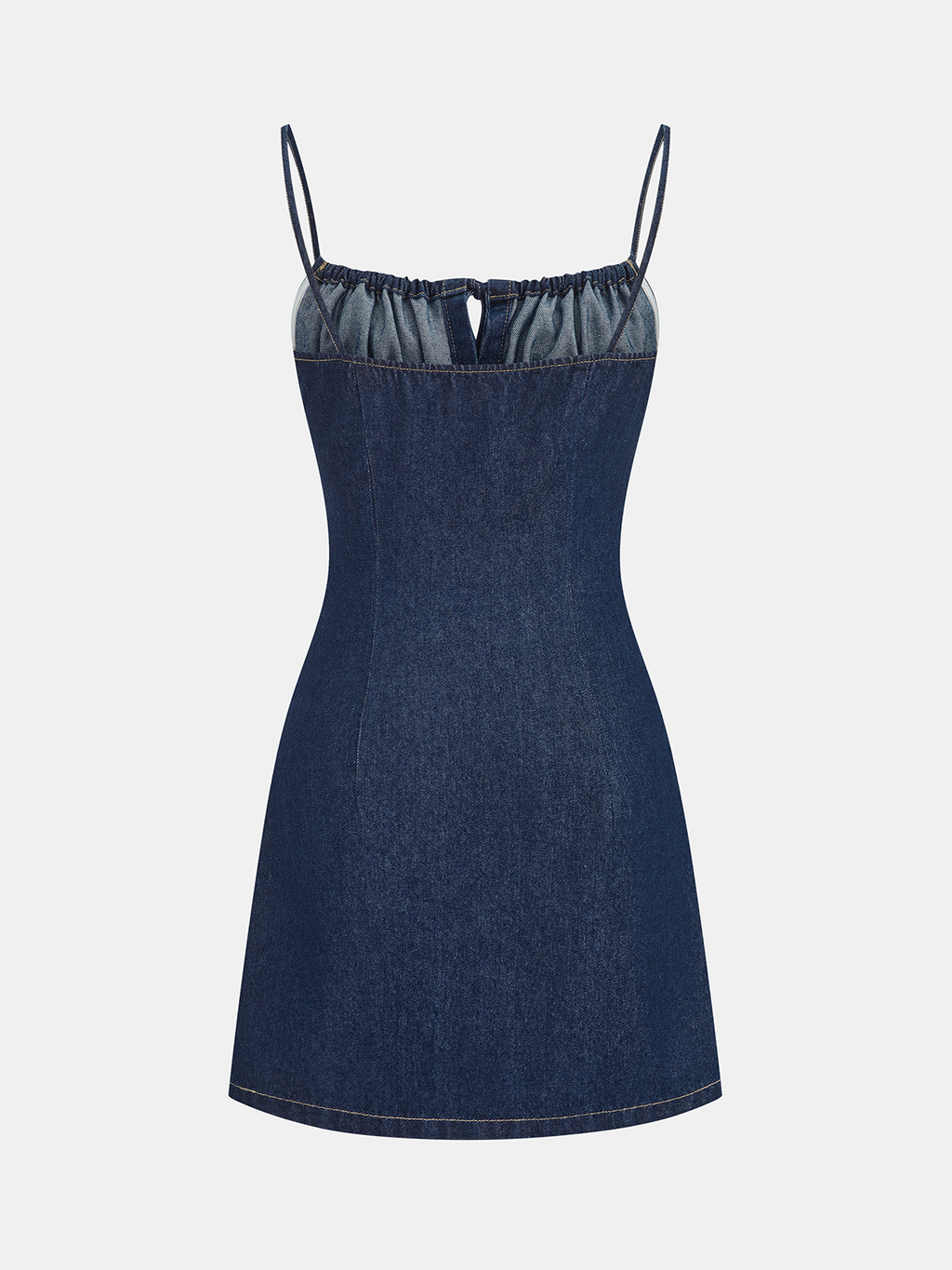 Büzgü Bağcıklı Düğmeli Denim İnce Askılı Mini Elbise